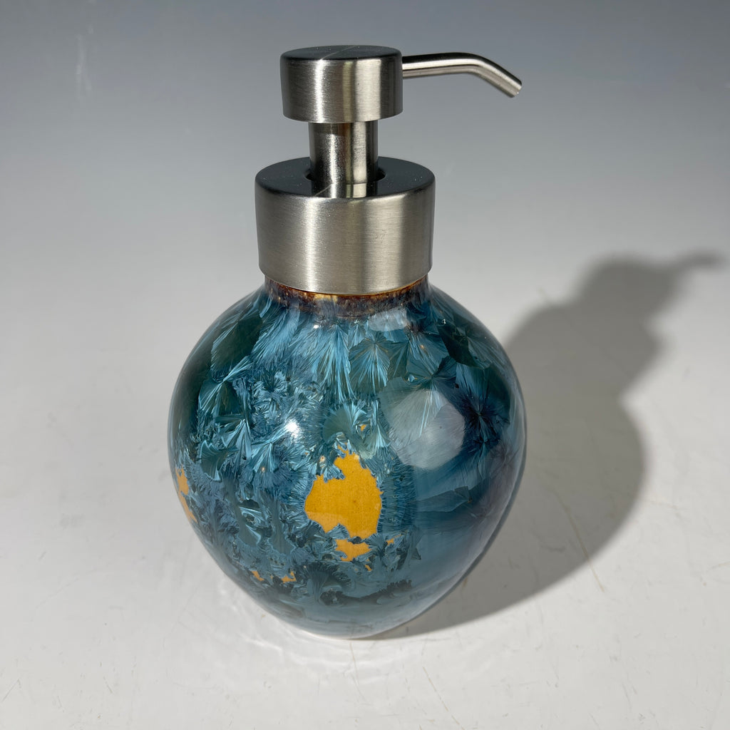 Foam Soap Pump, big Amber orange with blue crystalline glaze with stainless top