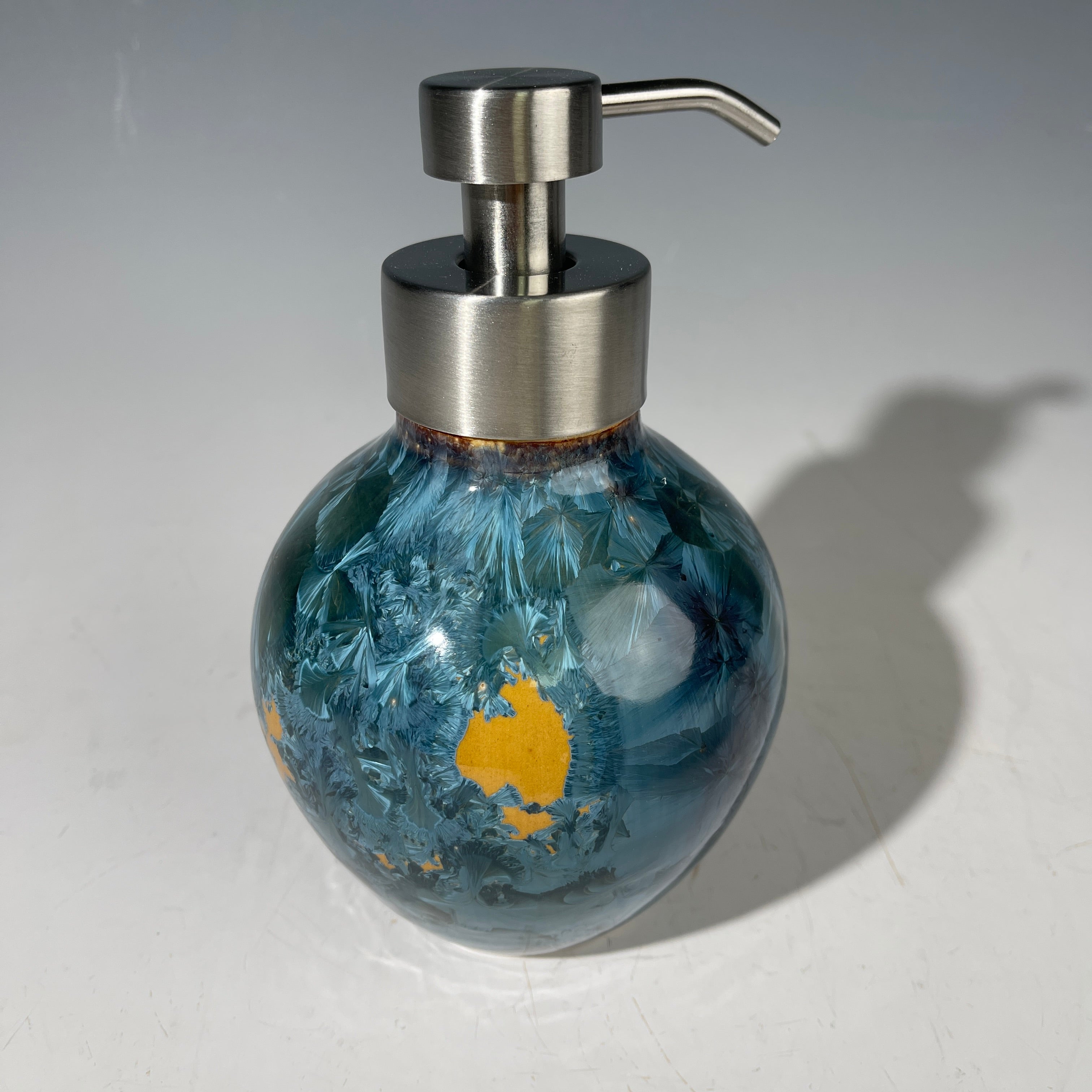 Foam Soap Pump, big Amber orange with blue crystalline glaze with stainless top