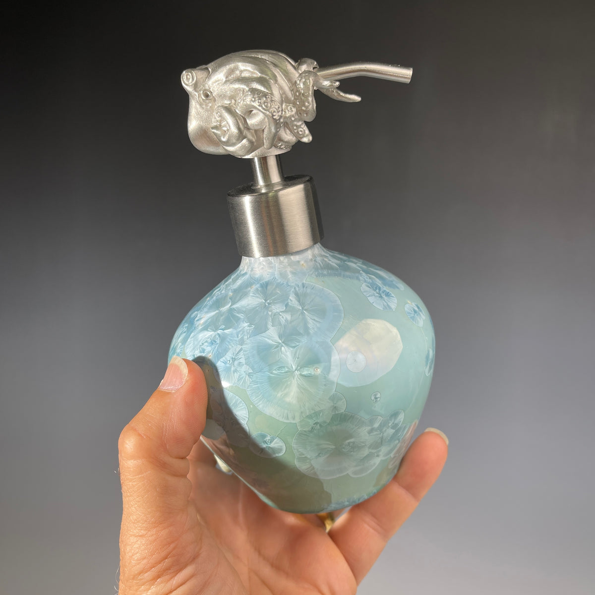 octopus topped pewter handmade soap pump crystalline glazed in ocean hues