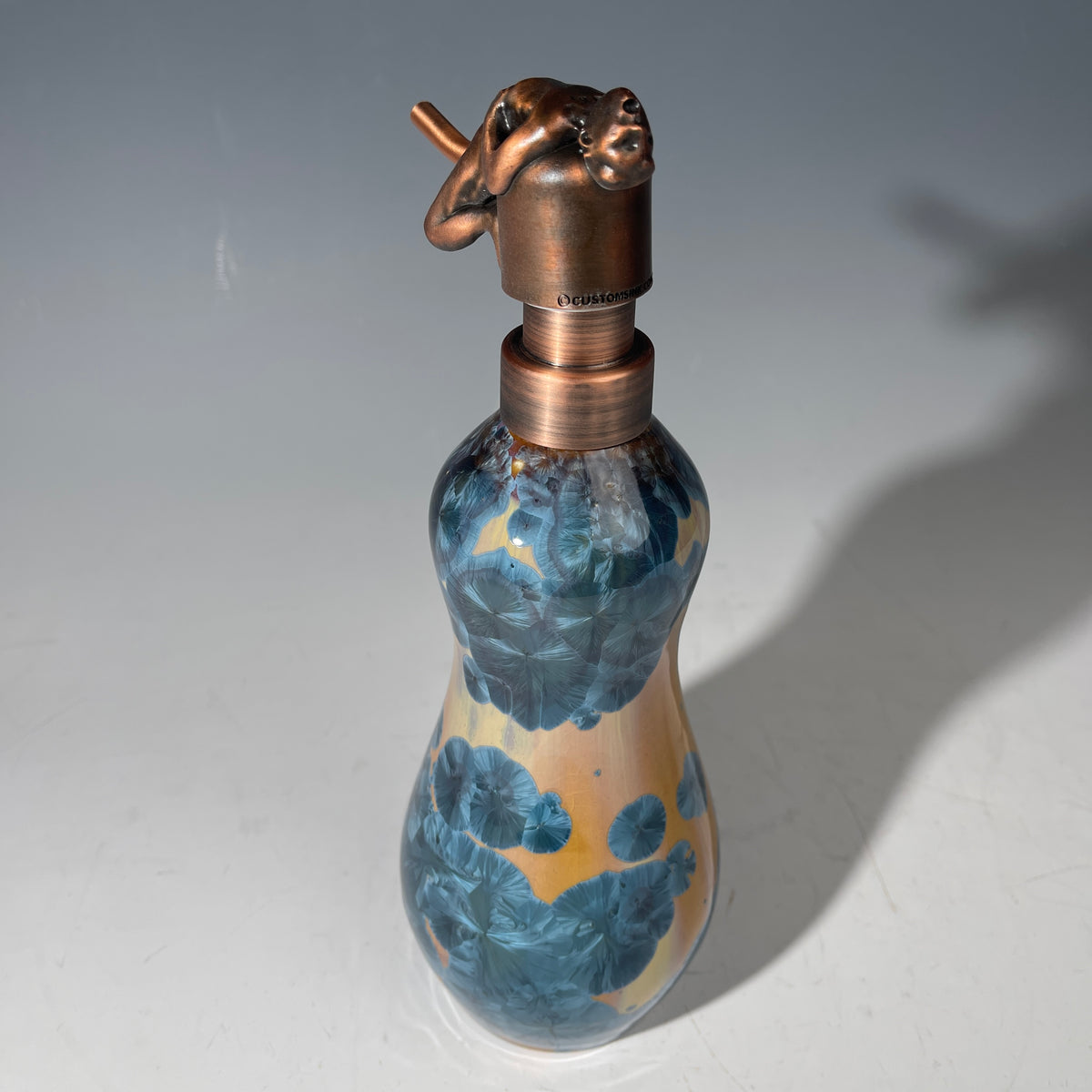 happy man soap pump amber teal crystalline glaze