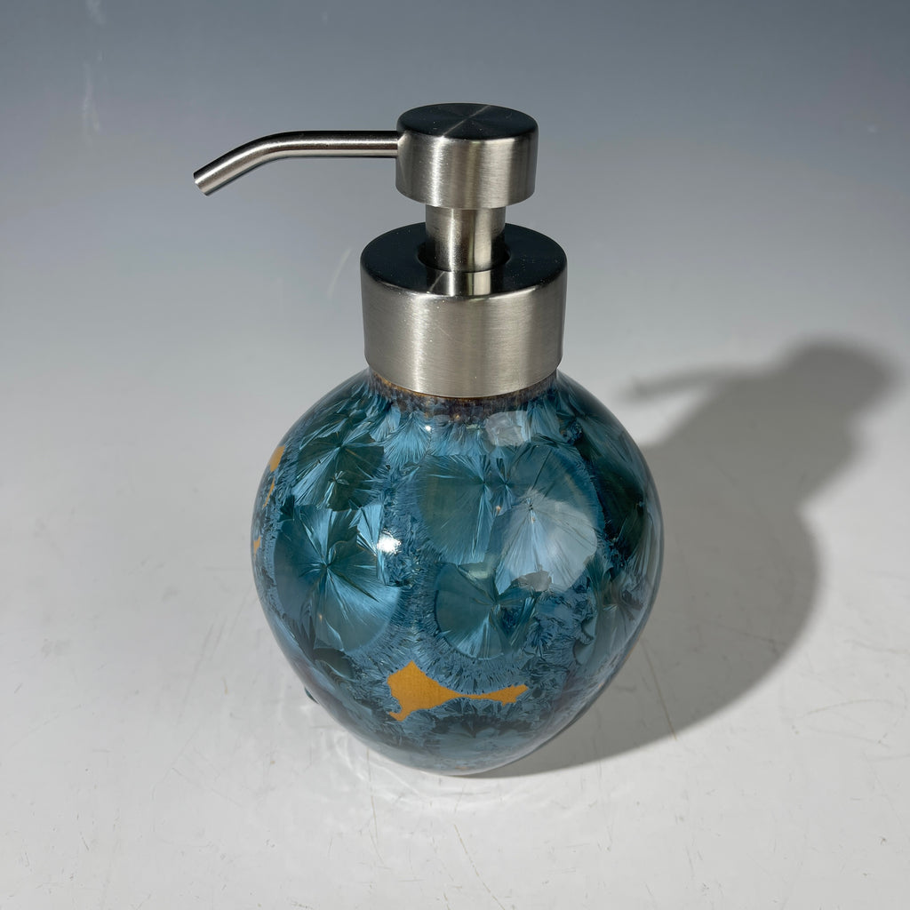 Foam Soap Pump, big Amber orange with blue crystalline glaze with stainless top