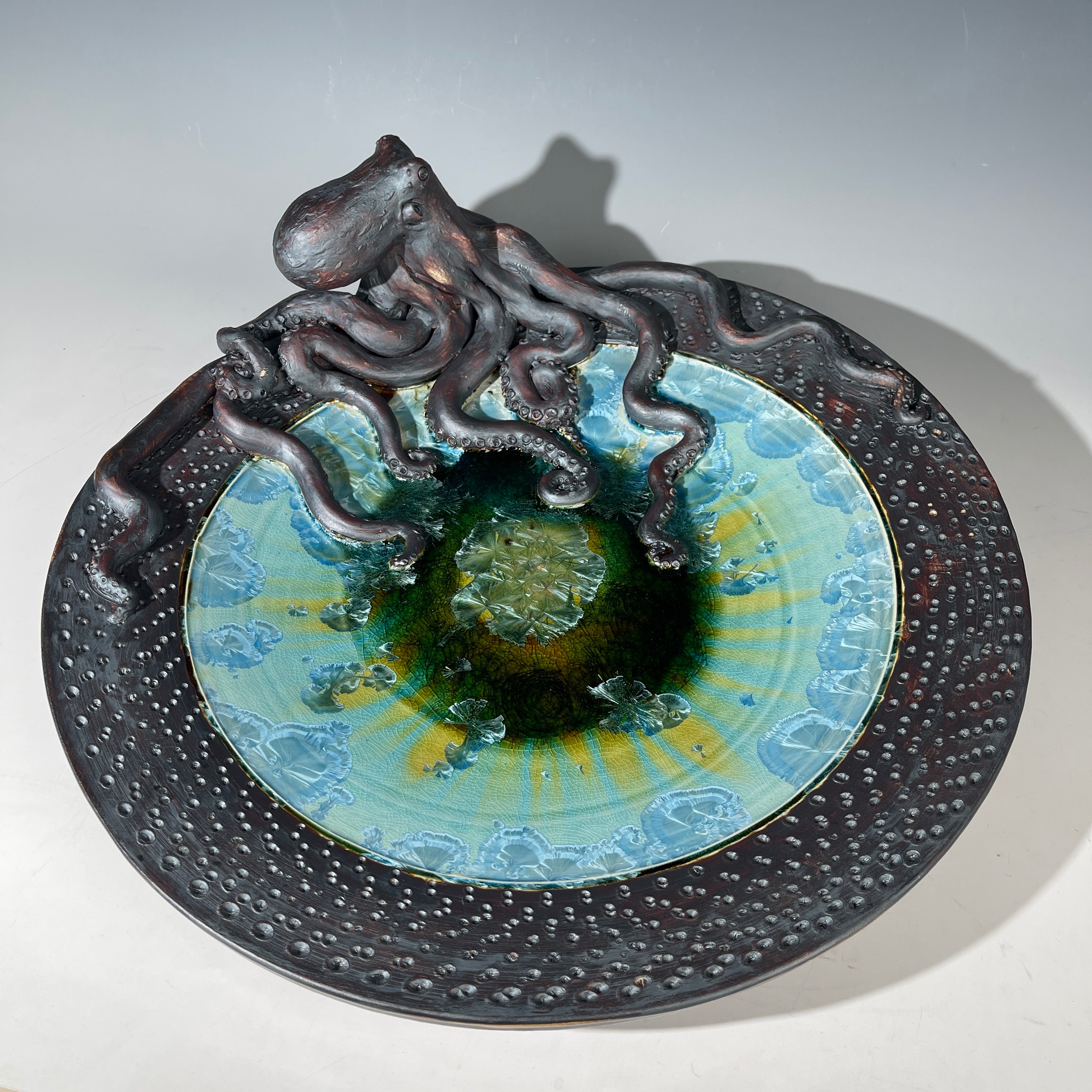 Octopus platter in lake to sunrise crystalline sparkle glaze