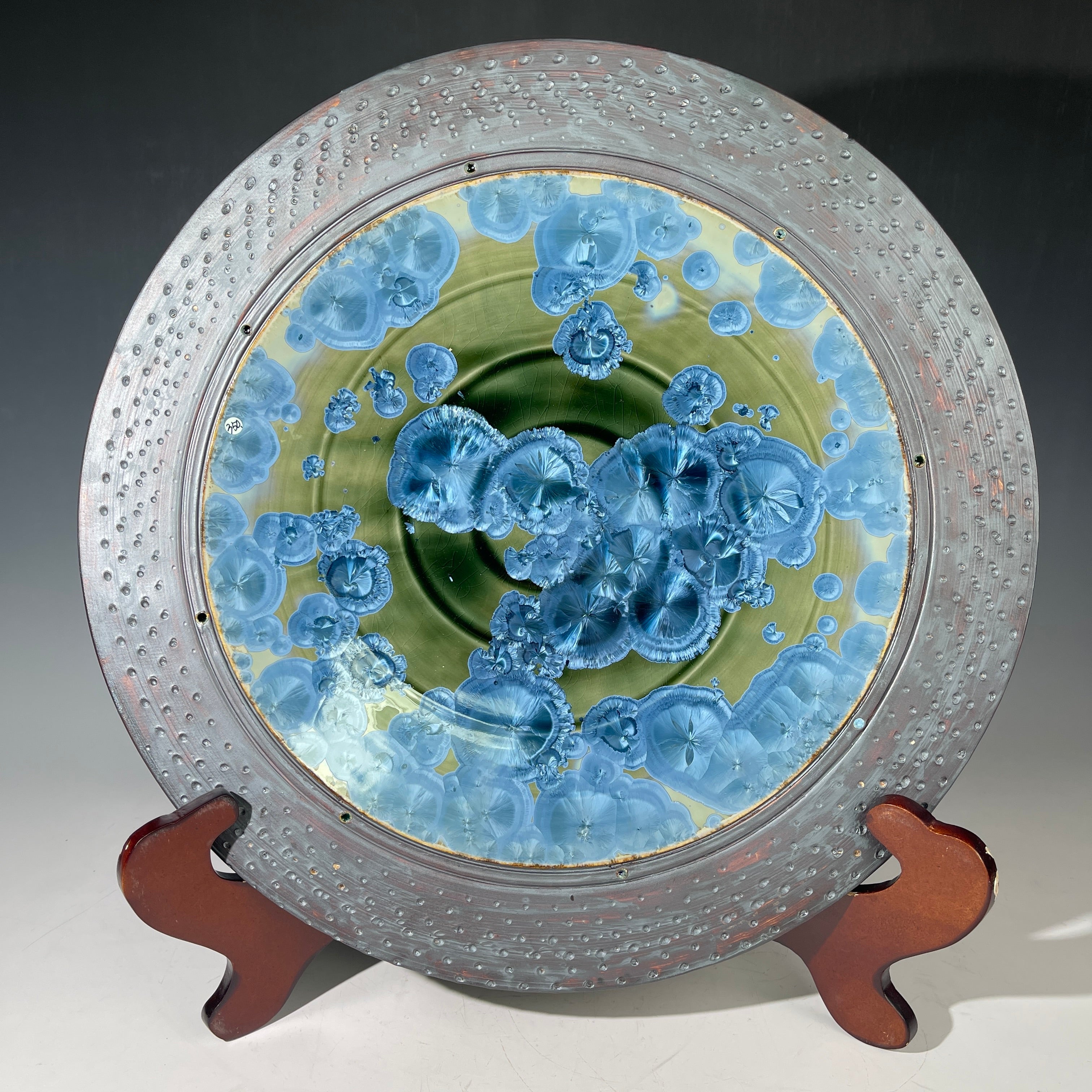 Macro crystalline glaze platter in chatoyant sparkle olive blue