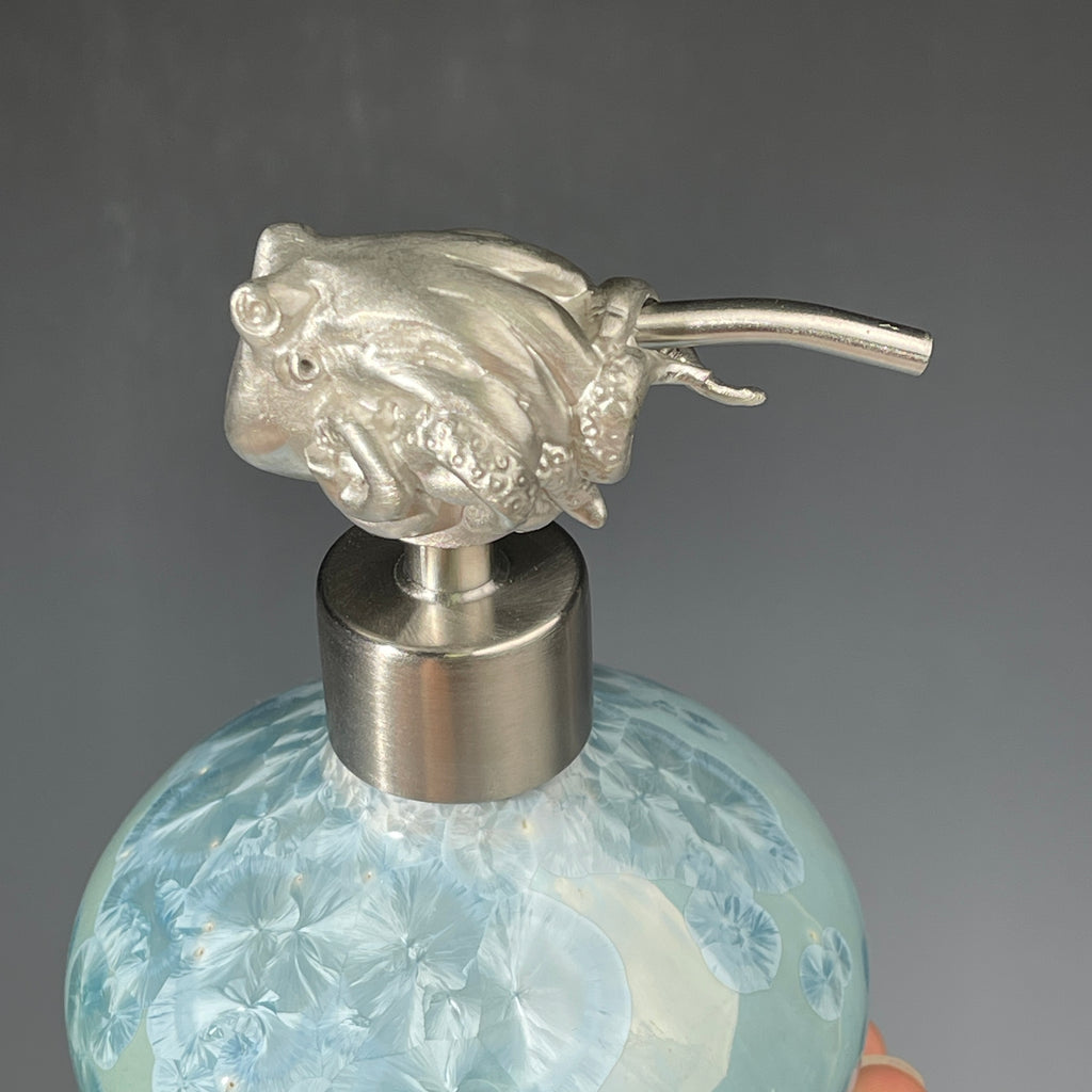octopus topped pewter handmade soap pump, soap pump is crystalline glazed porcelain in ocean hues