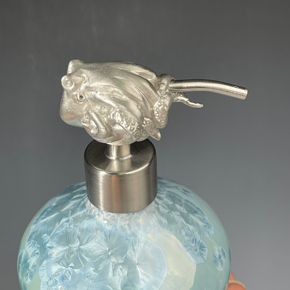 octopus topped pewter handmade soap pump, soap pump is crystalline glazed porcelain in ocean hues