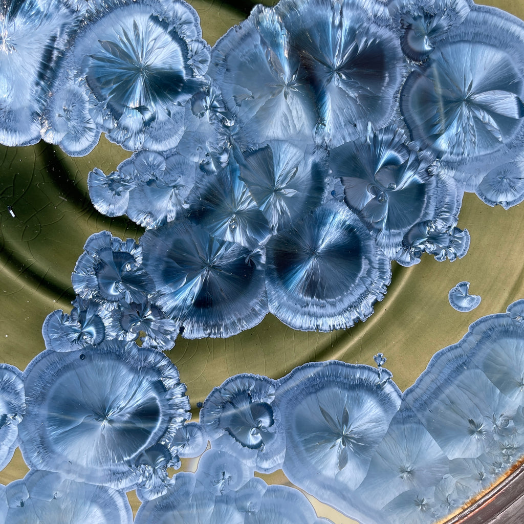 Macro crystalline glaze platter in chatoyant sparkle olive blue