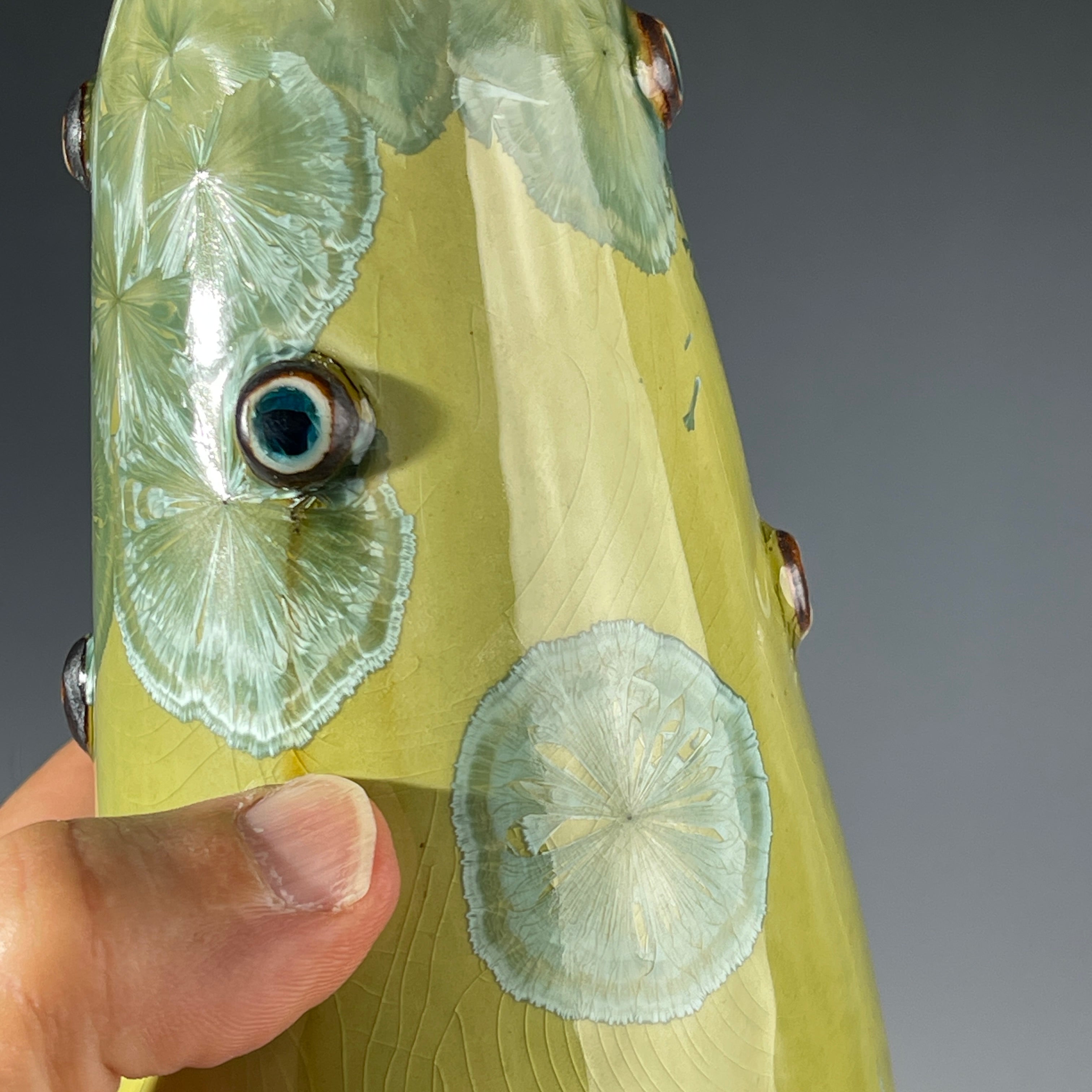 yellow green  macro crystal glazed handmade soap dispenser  mid century modern vibe