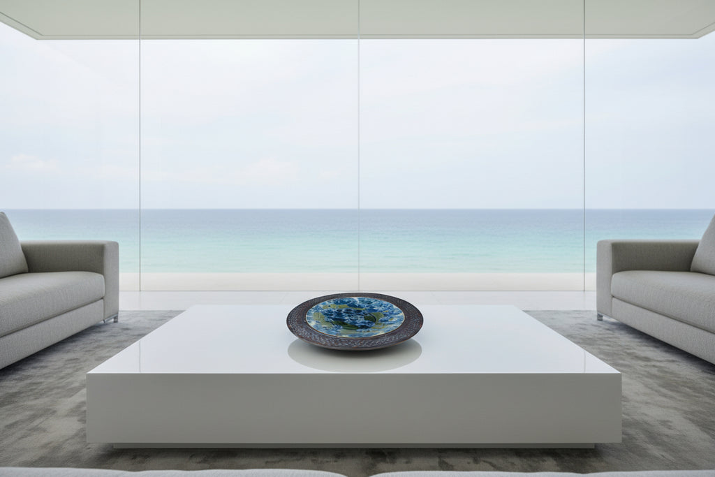 macro crystalline glazed hand made platter by Adam and hong Rubinstein olive to sparkling blue crystalline glazed