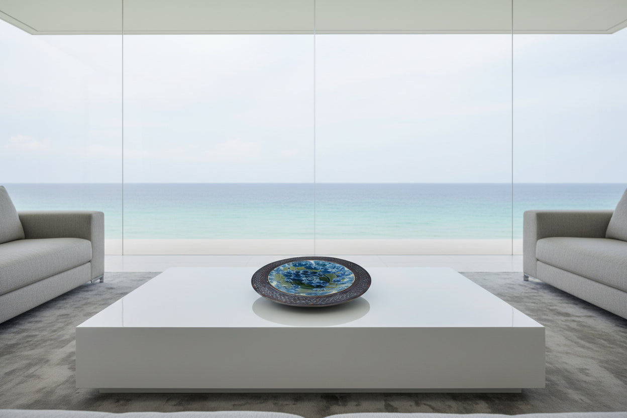 macro crystalline glazed hand made platter by Adam and hong Rubinstein olive to sparkling blue crystalline glazed