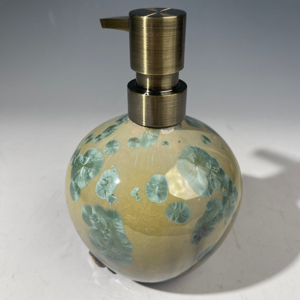handmade soap dispenser with amazing crystalline formations in the glaze in green hues
