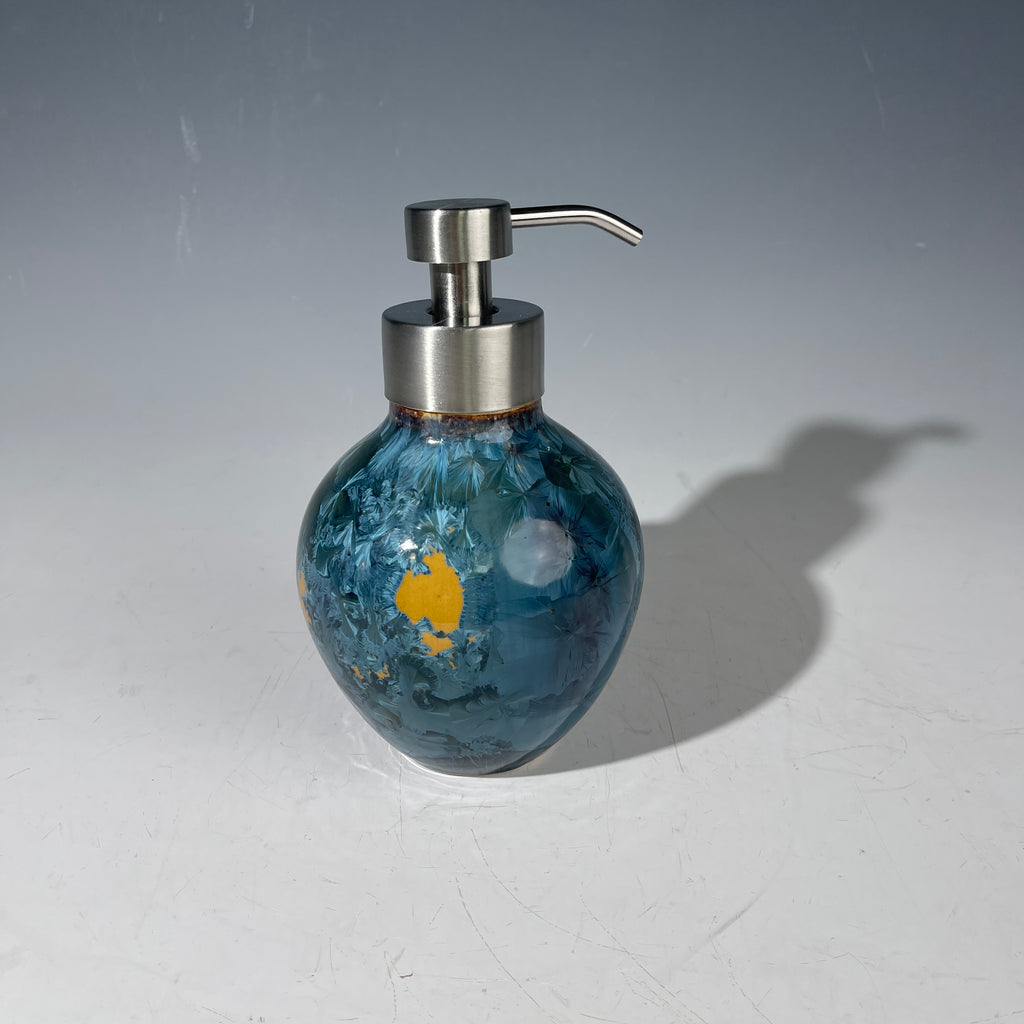 Foam Soap Pump, big Amber orange with blue crystalline glaze with stainless top
