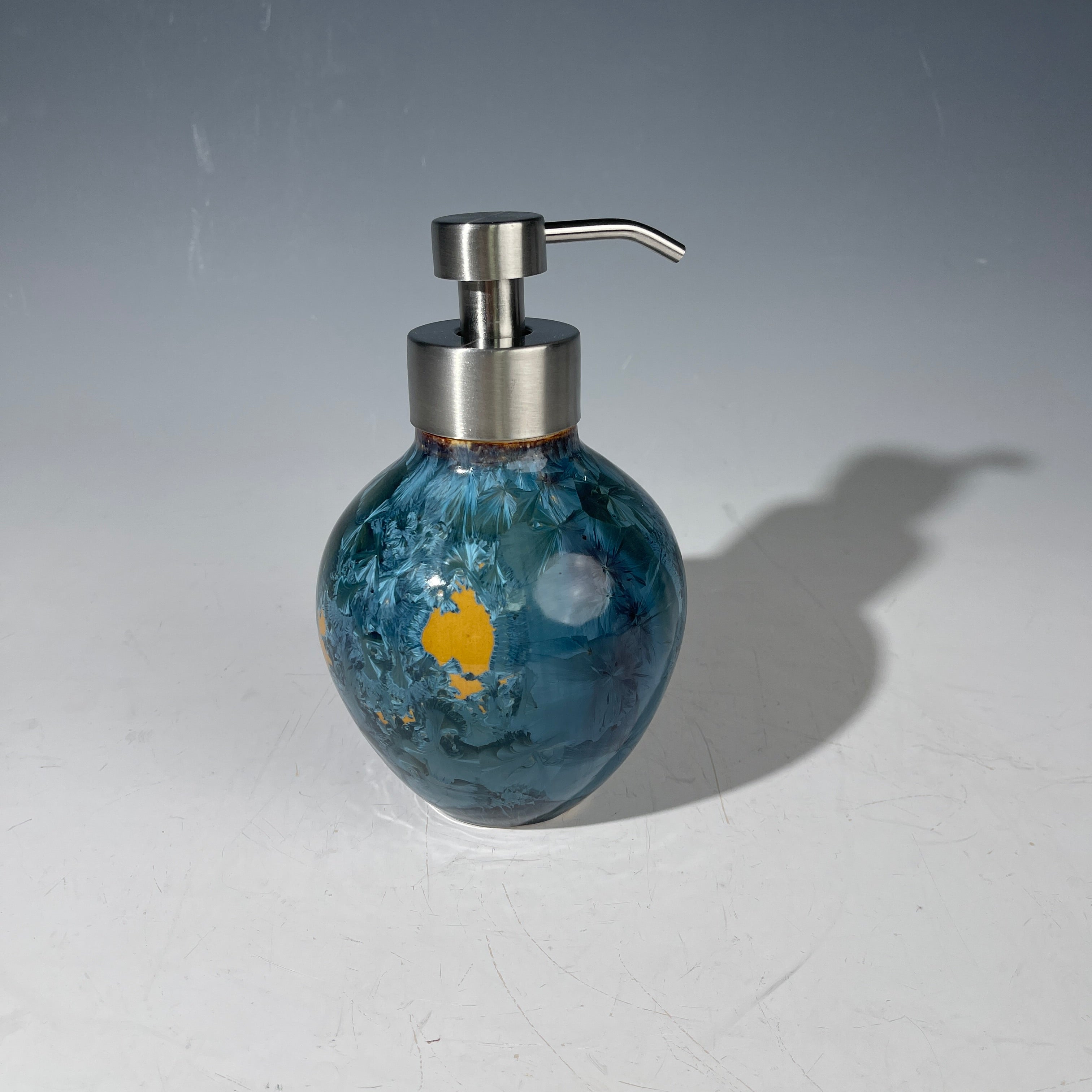 Foam Soap Pump, big Amber orange with blue crystalline glaze with stainless top