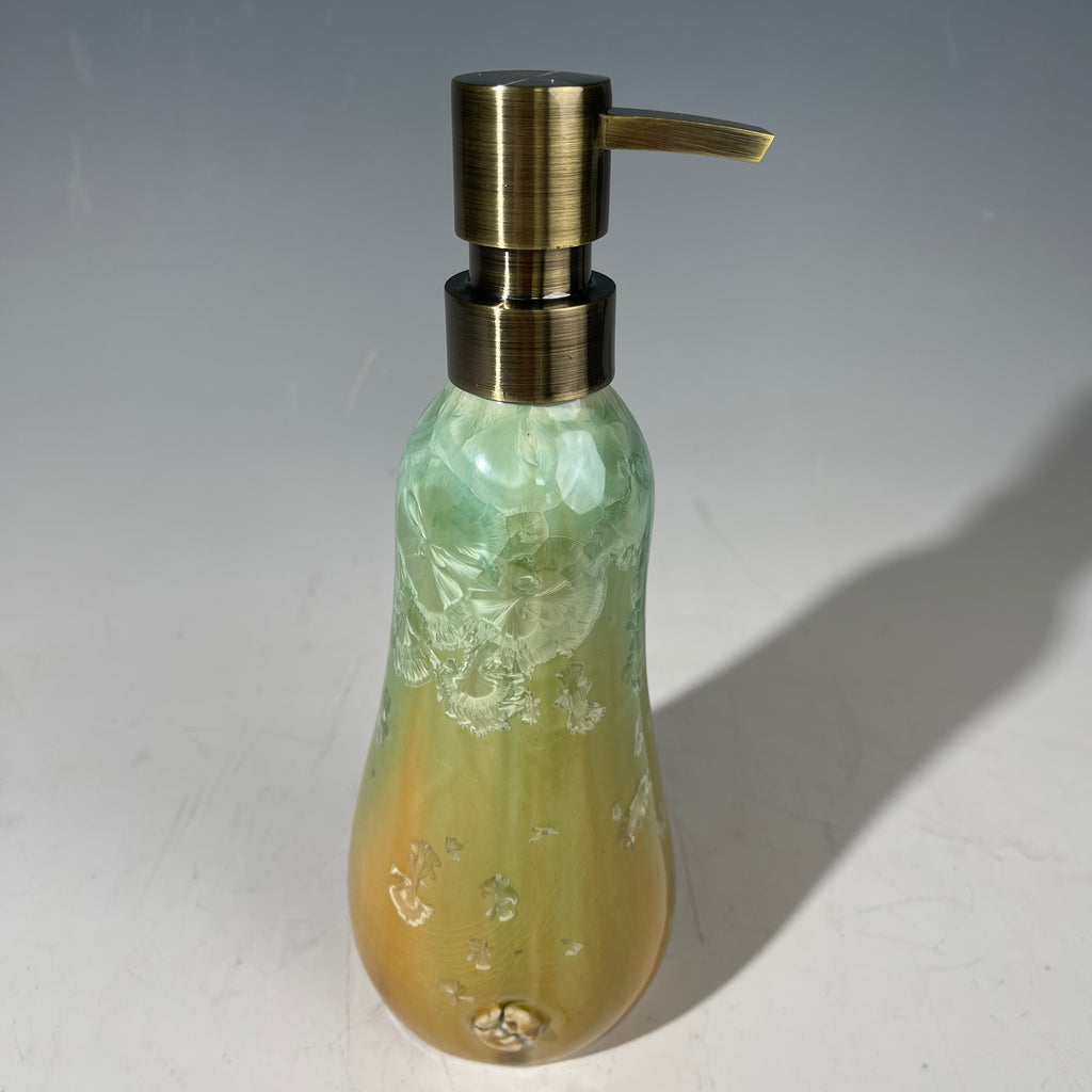 artistic soap dispenser in aqua fade to golden sunrise toned crystalline glaze