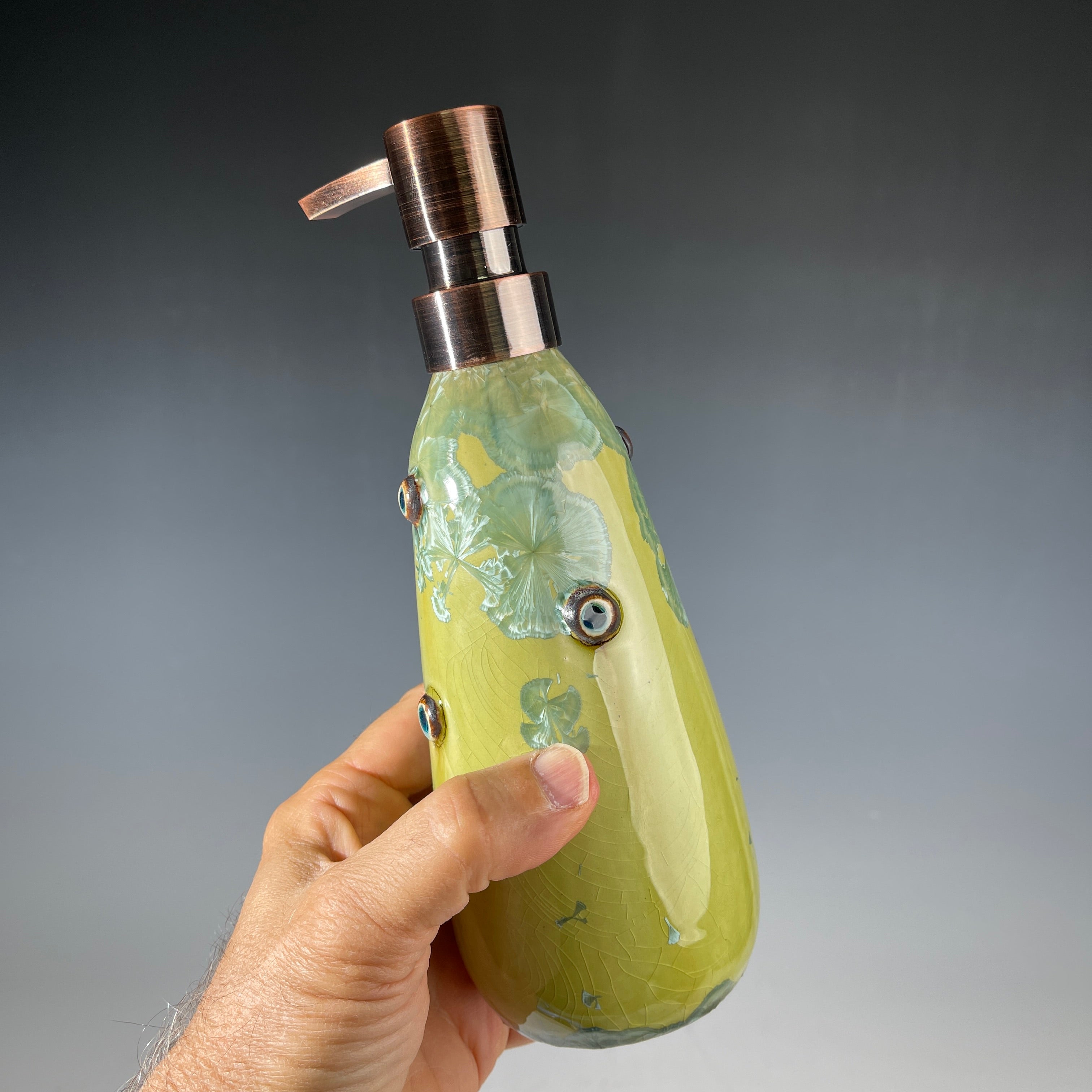 yellow green  macro crystal glazed handmade soap dispenser  mid century modern vibe