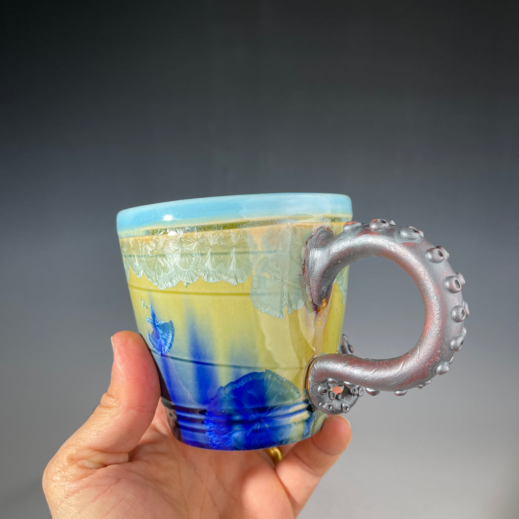 Octo-cup octopus tentacled cup with green blue sparking crystalline glaze by Adam & Hong Rubinstein 