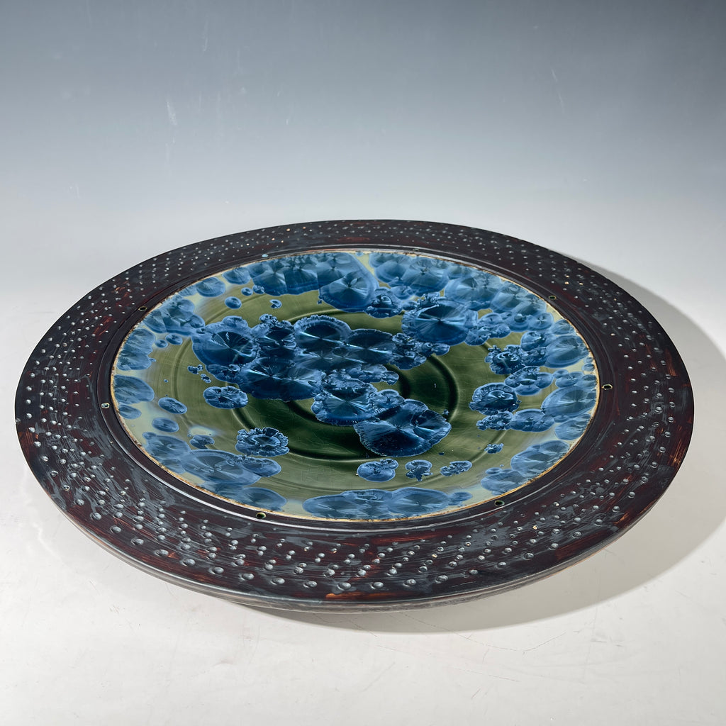 macro crystalline glazed hand made platter by Adam and hong Rubinstein olive to sparkling blue crystalline glazed