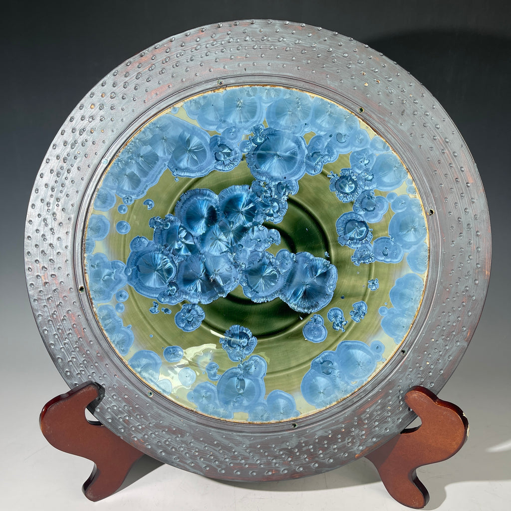 macro crystalline glazed hand made platter by Adam and hong Rubinstein olive to sparkling blue crystalline glazed