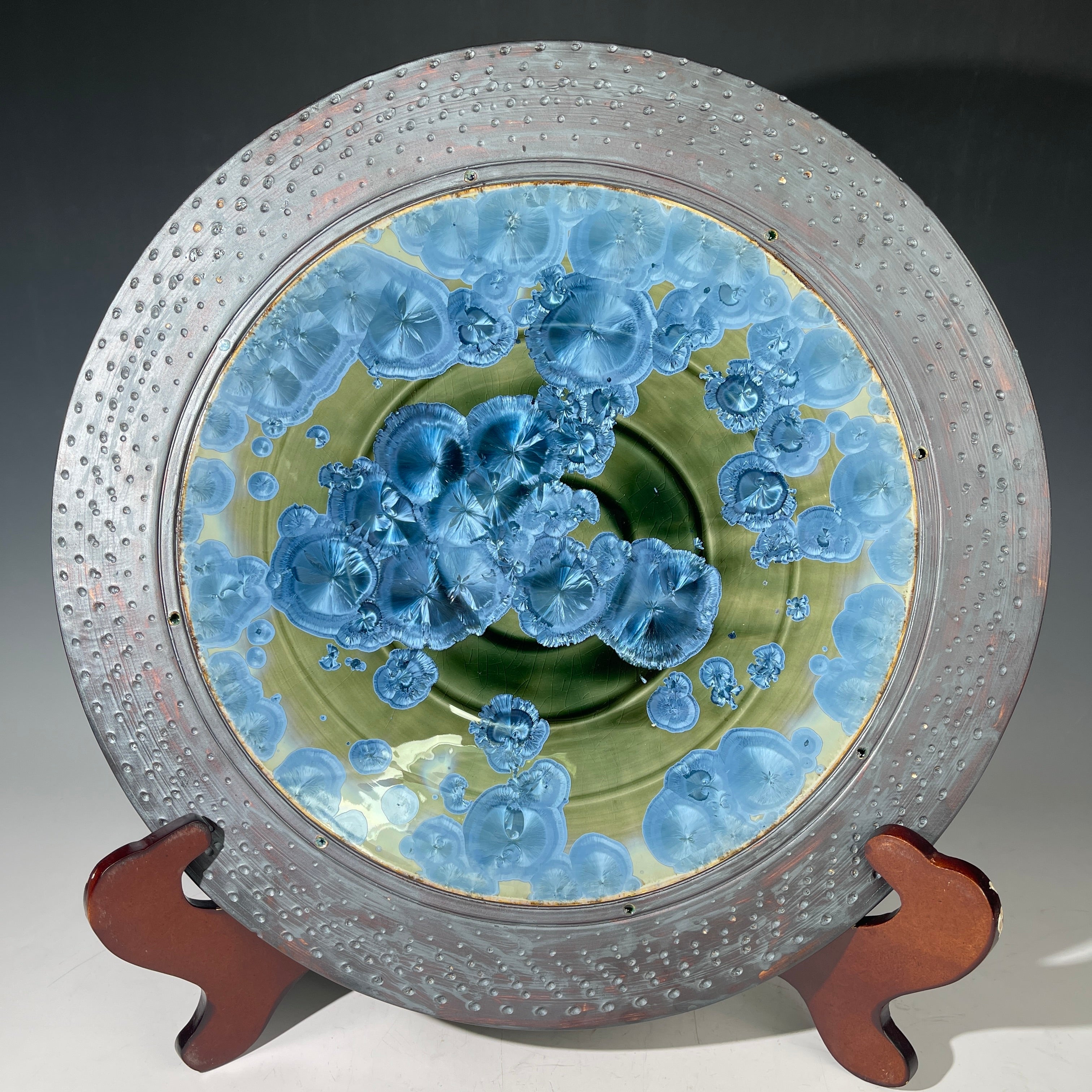 macro crystalline glazed hand made platter by Adam and hong Rubinstein olive to sparkling blue crystalline glazed