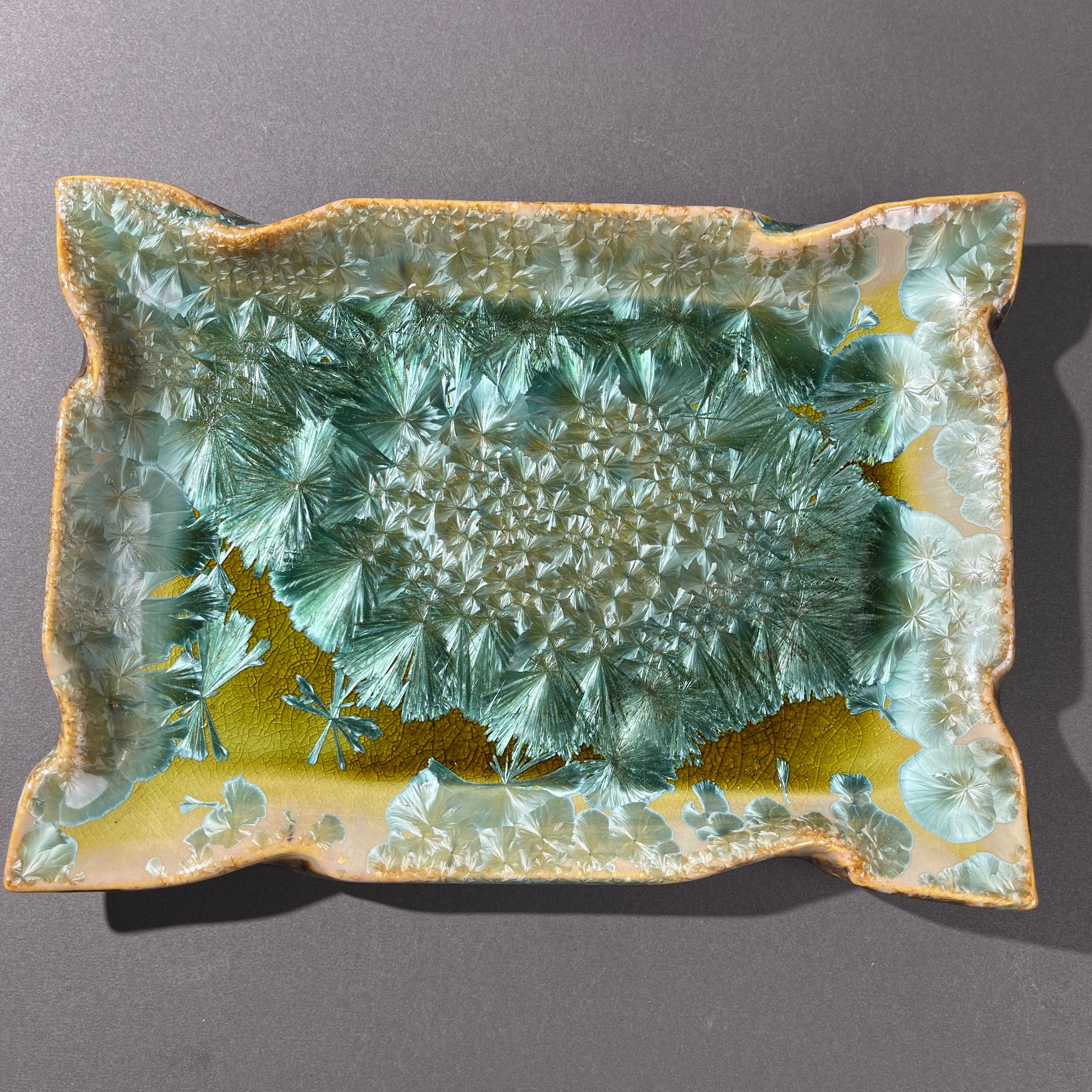 spring green refractive macro crystalline glazed tray by Hong Rubinstein