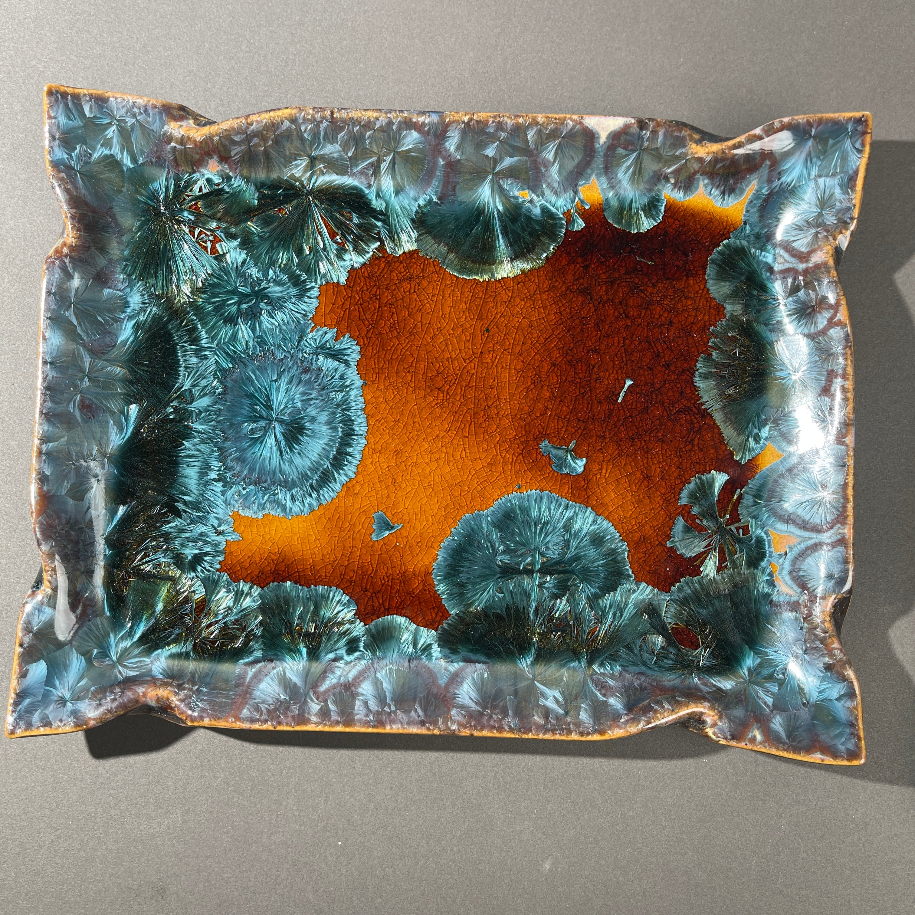 honey teal color macro crystalline glazed ceramic tray by Hong Rubinstein of One Dream DesignTM