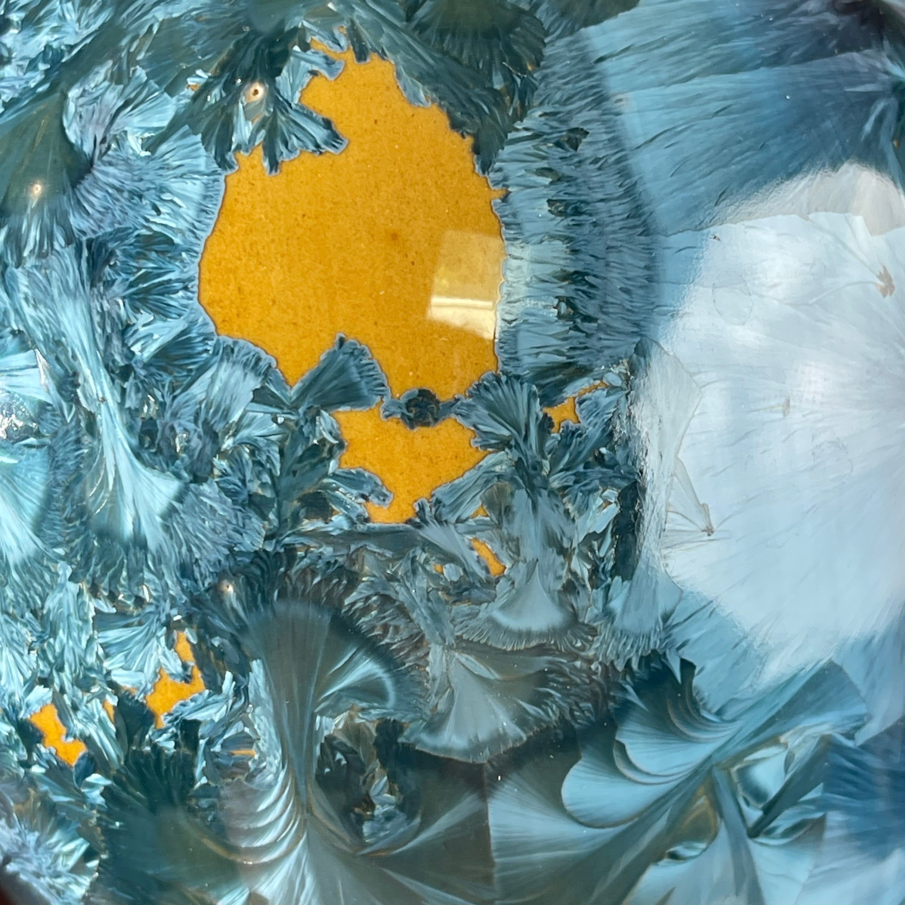 Foam Soap Pump, big Amber orange with blue crystalline glaze with stainless top