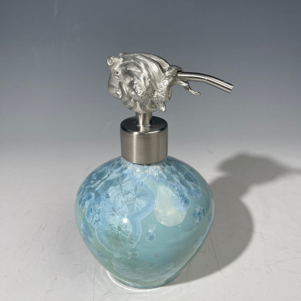 octopus topped pewter handmade soap pump crystalline glazed in ocean hues
