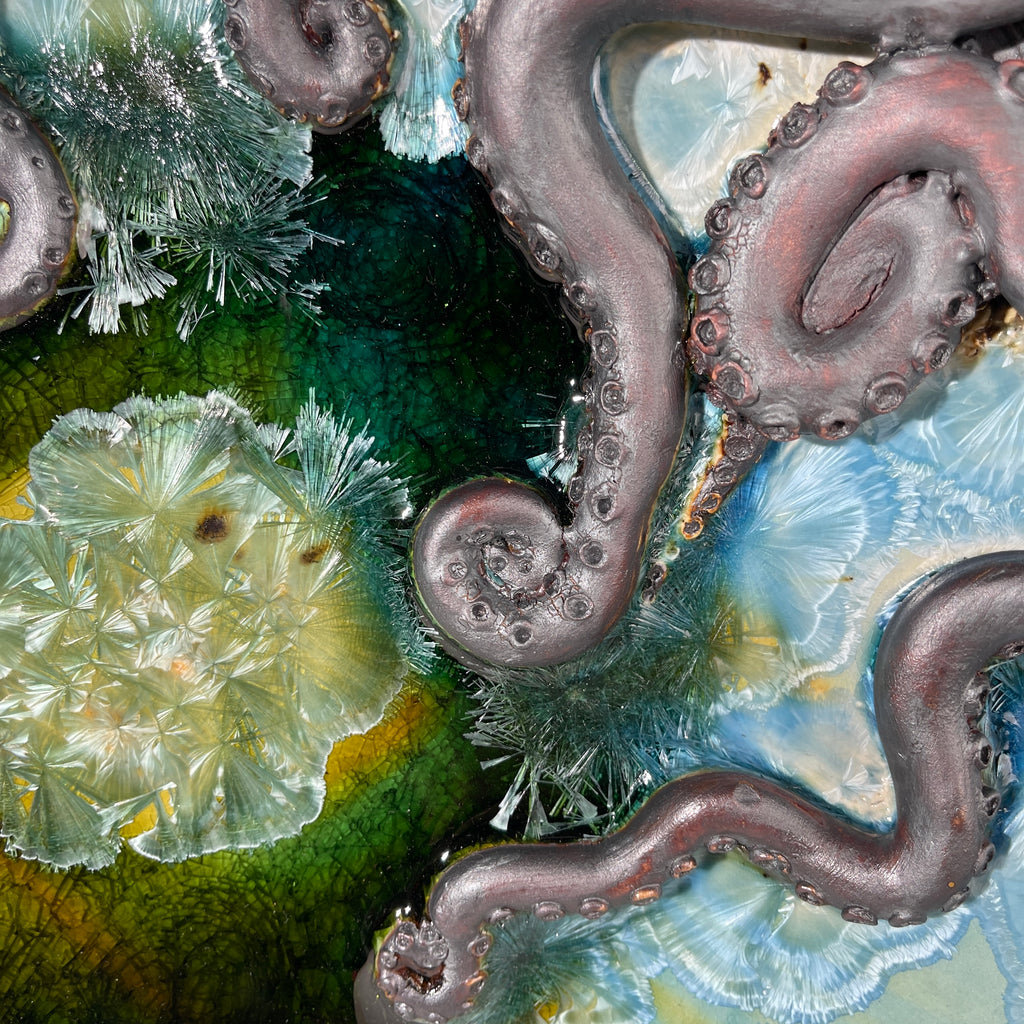 octopus sculpture platter with a macro crystalline glaze