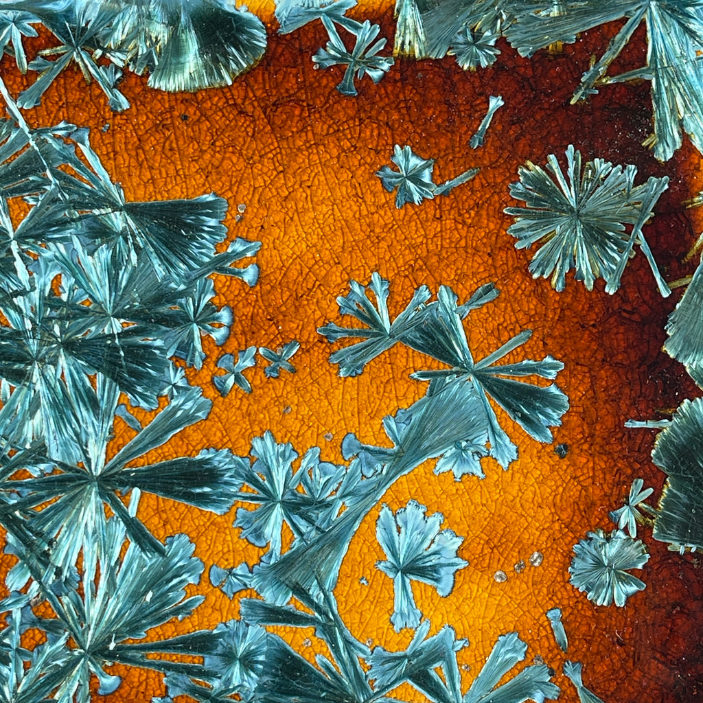 Macro-crystalline glazed tray  in amber to teal glaze by Hong Rubinstein of One Dream DesignTM
