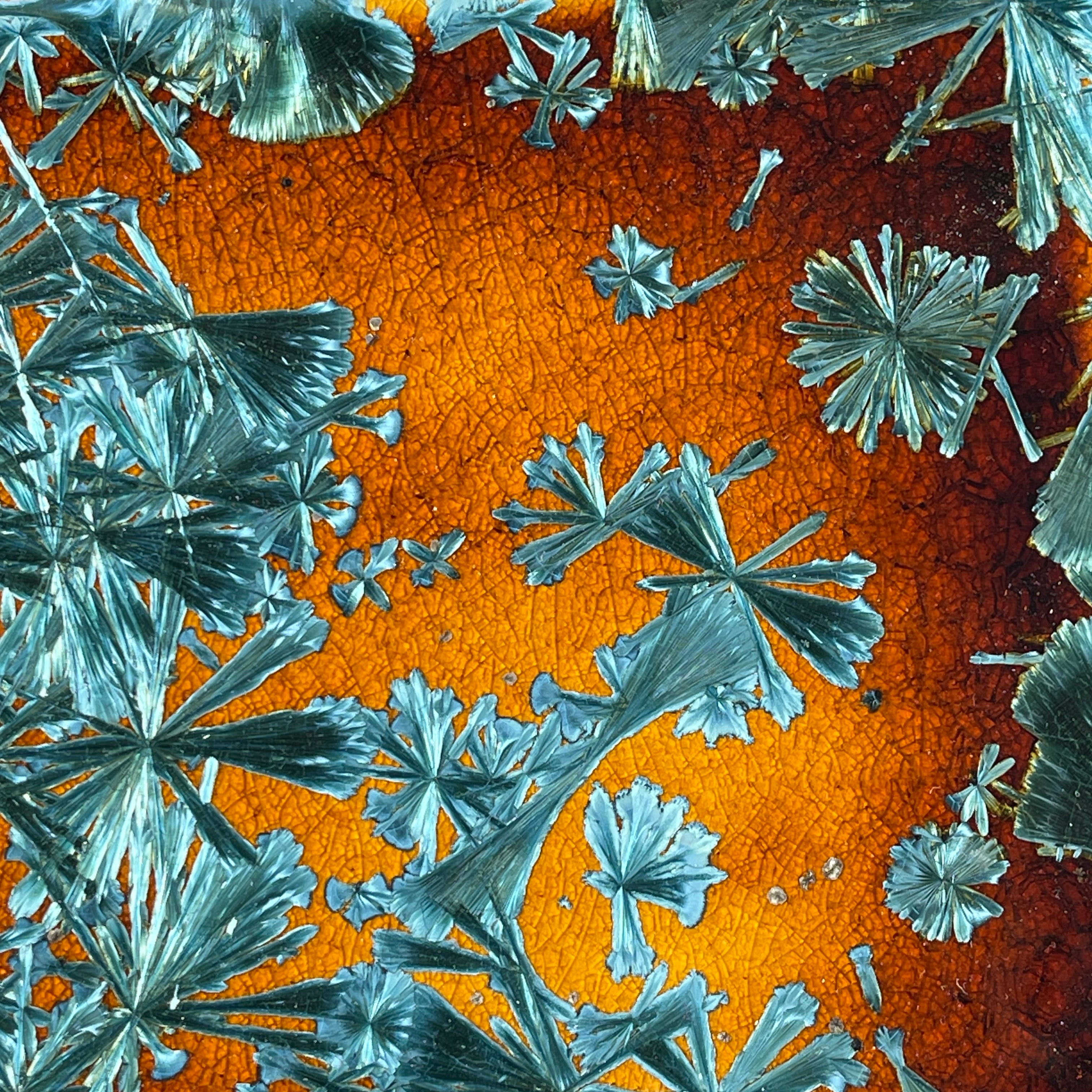 Macro-crystalline glazed tray  in amber to teal glaze by Hong Rubinstein of One Dream DesignTM
