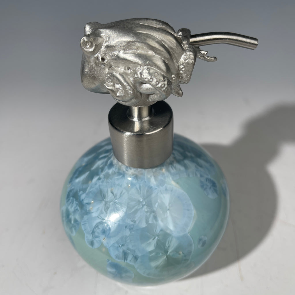 octopus topped pewter handmade soap pump, soap pump is crystalline glazed porcelain in ocean hues