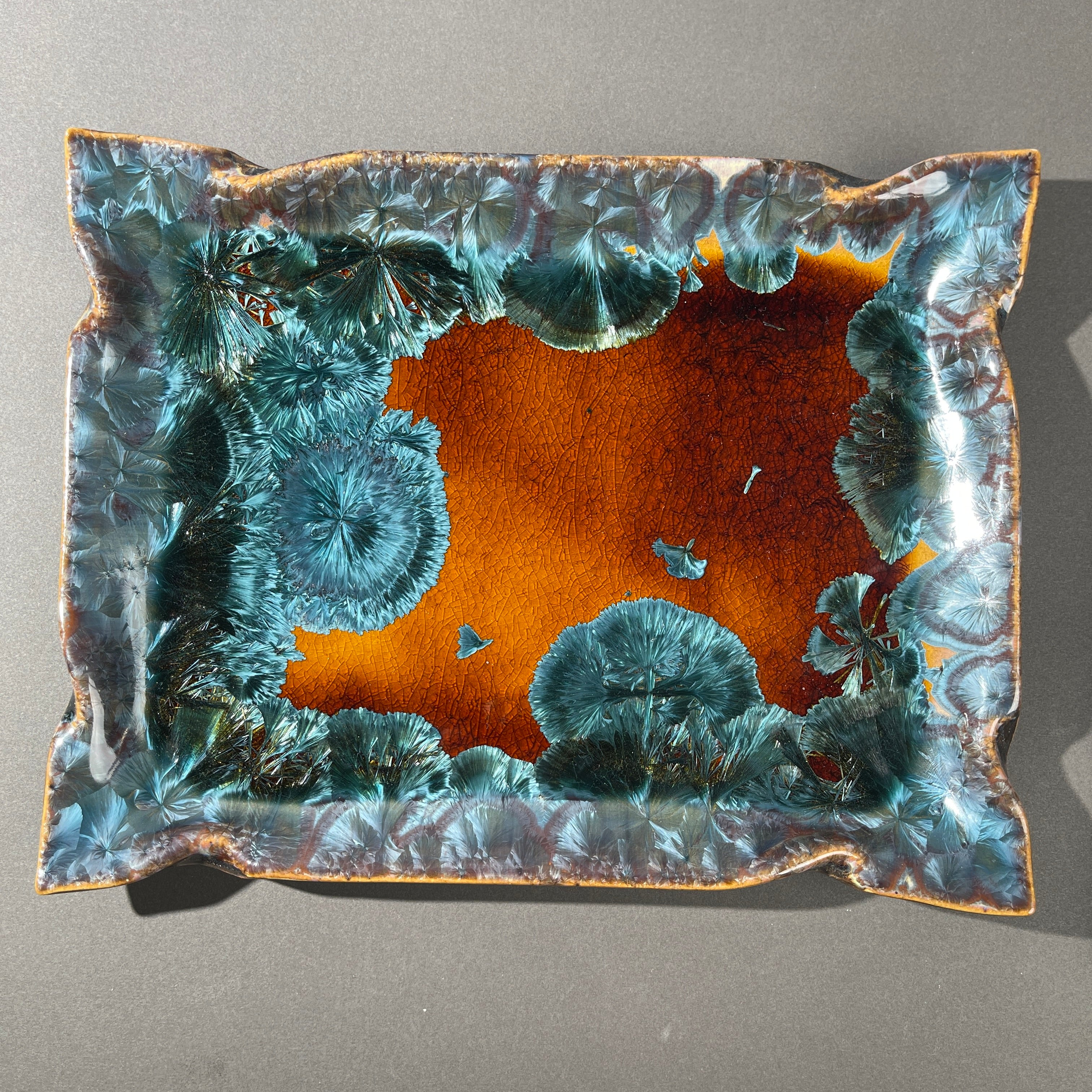 honey teal color macro crystalline glazed ceramic tray by Hong Rubinstein of One Dream DesignTM
