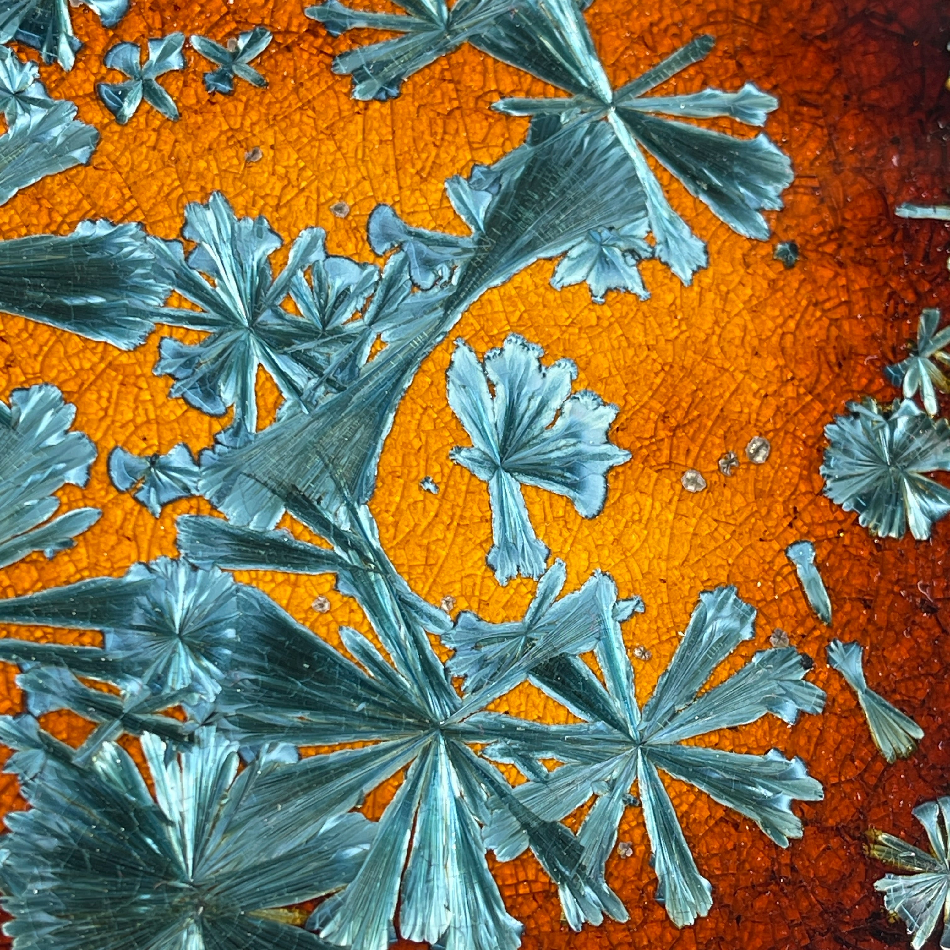 Macro-crystalline glazed tray  in amber to teal glaze by Hong Rubinstein of One Dream DesignTM