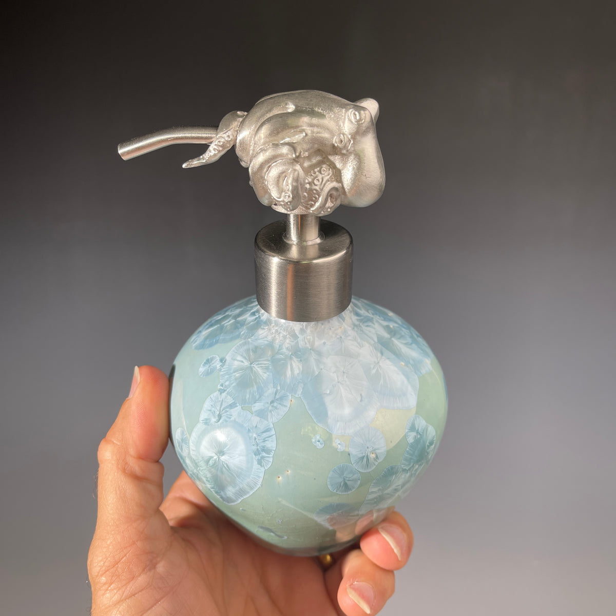 octopus topped pewter handmade soap pump, soap pump bottle is crystalline glazed porcelain in ocean hues