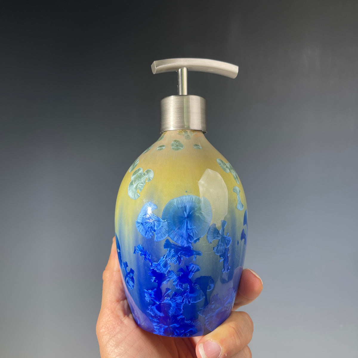 chartreuse to cobalt crystalline glazed soap dispenser