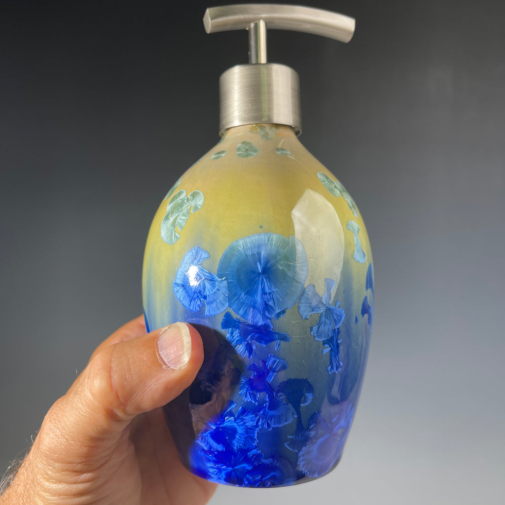 chartreuse to cobalt crystalline glazed soap dispenser in hand