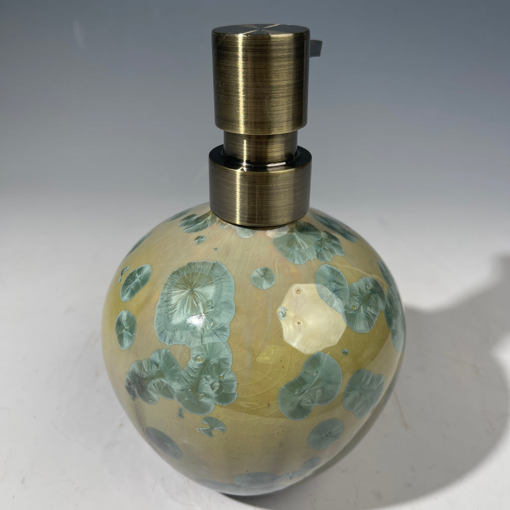 handmade soap dispenser with amazing crystalline formations in the glaze in green hues