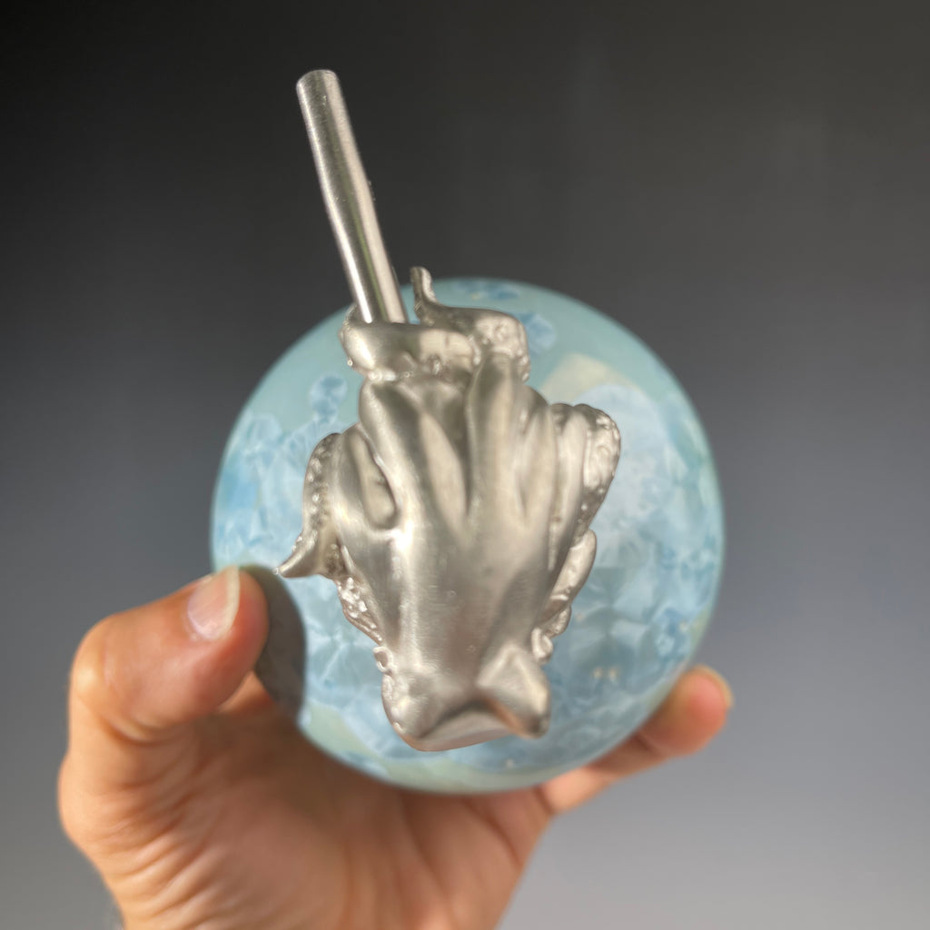 octopus topped pewter handmade soap pump, soap pump bottle is crystalline glazed porcelain in ocean hues