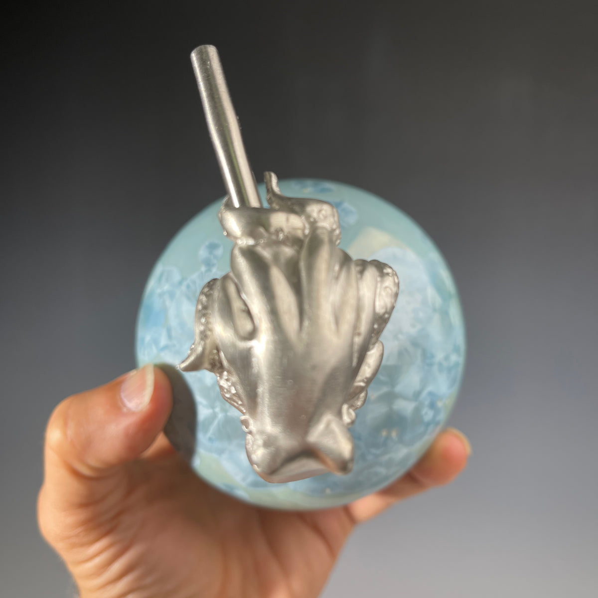 octopus topped pewter handmade soap pump, soap pump bottle is crystalline glazed porcelain in ocean hues