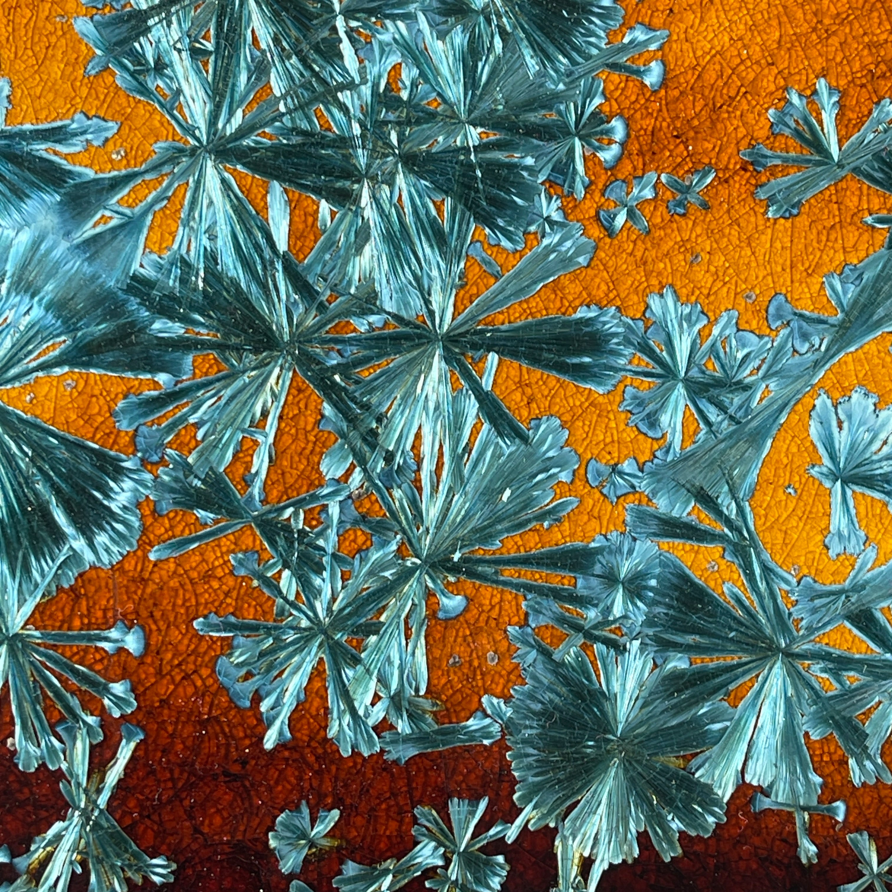 Macro-crystalline glazed tray  in amber to teal glaze by Hong Rubinstein of One Dream DesignTM