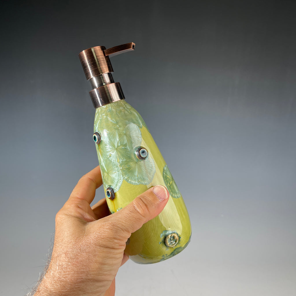 yellow green  macro crystal glazed handmade soap dispenser  mid century modern vibe