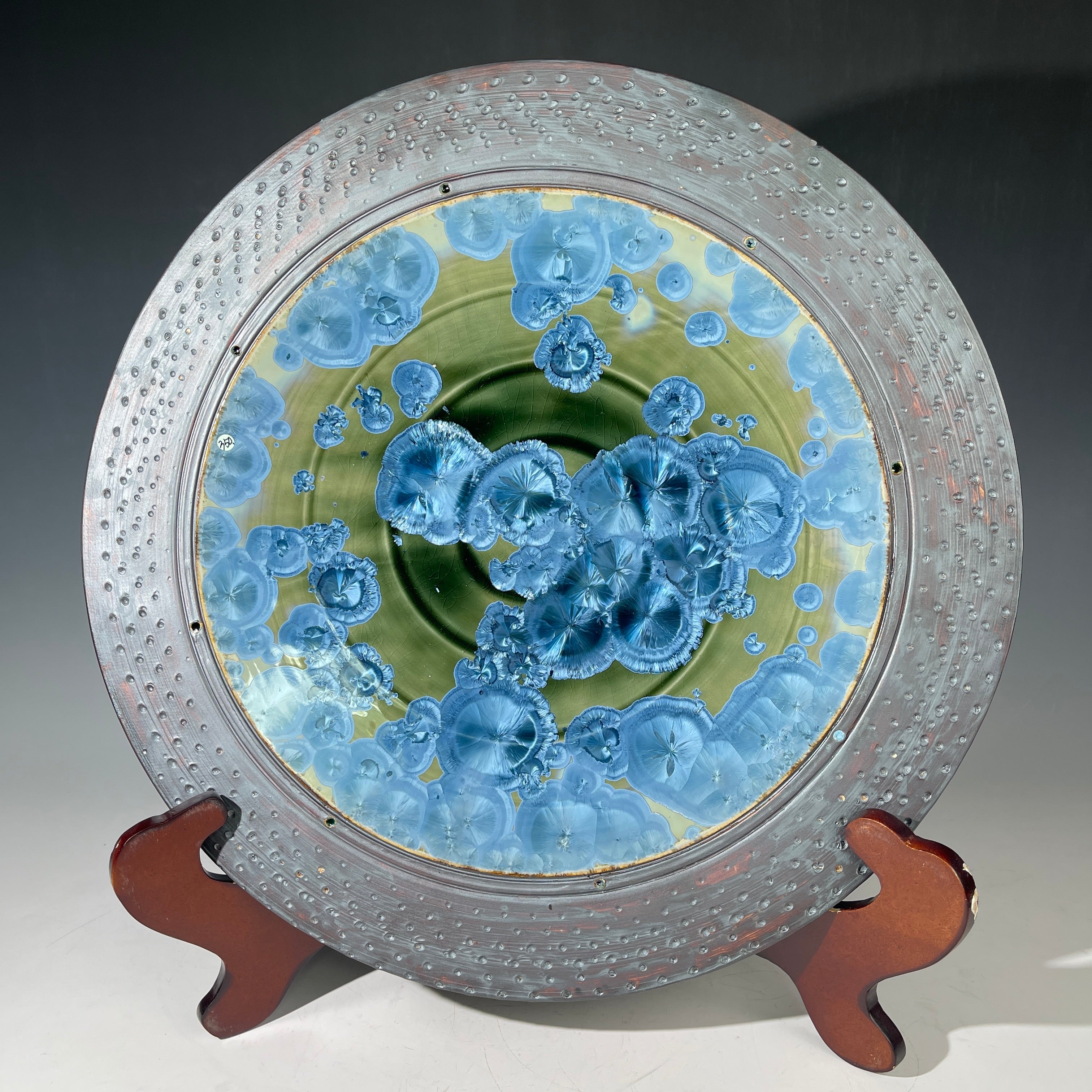 macro crystalline glazed hand made platter by Adam and hong Rubinstein olive to sparkling blue crystalline glazed