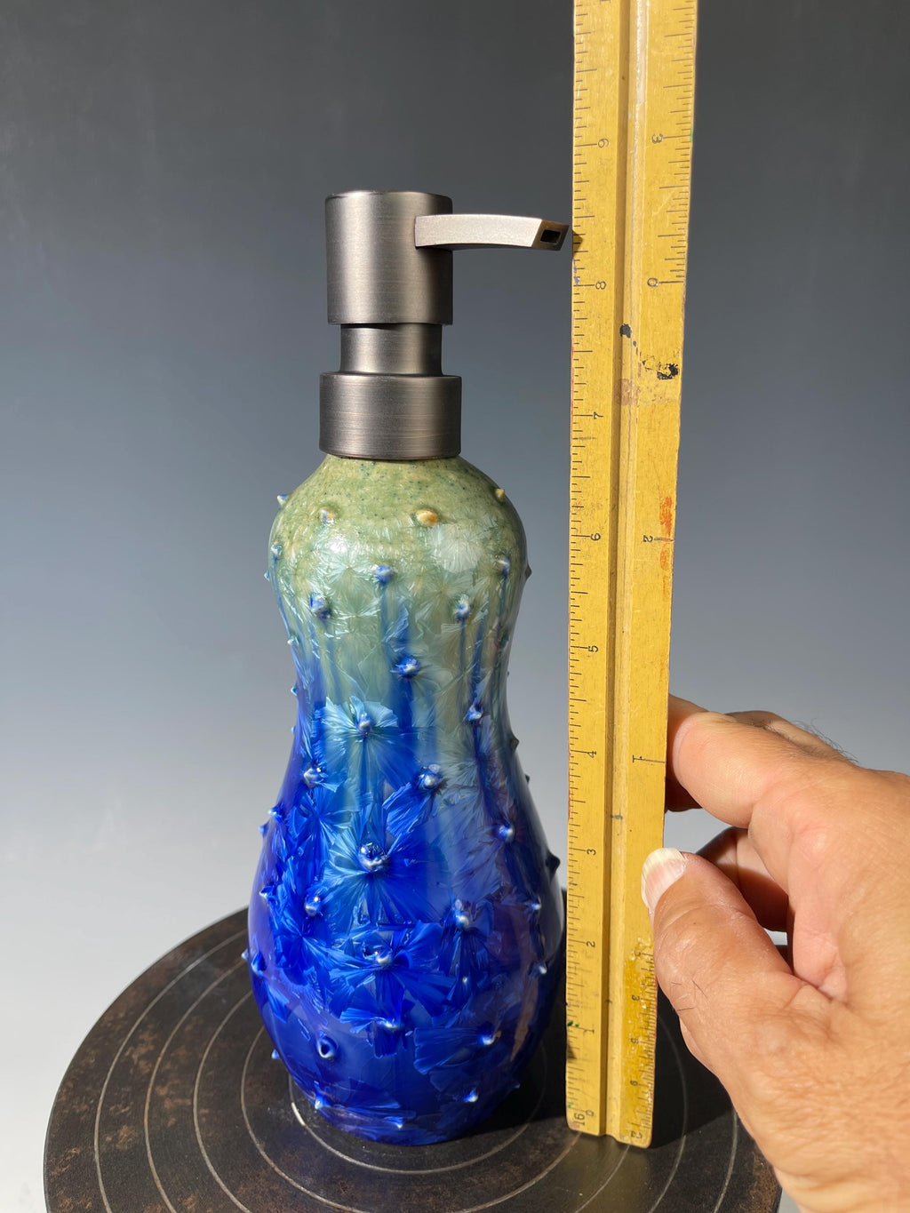 Soap Pump, Tall Lotion Dispenser Pump chartreuse green cobalt blue  studded Sparkle Crystalline Glaze