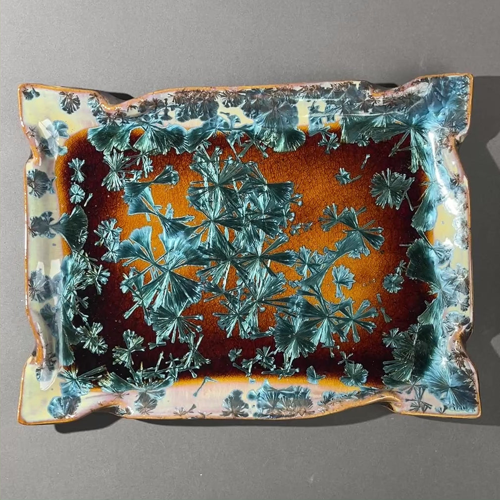 Macro-crystalline glazed tray  in amber to teal glaze by Hong Rubinstein of One Dream DesignTM