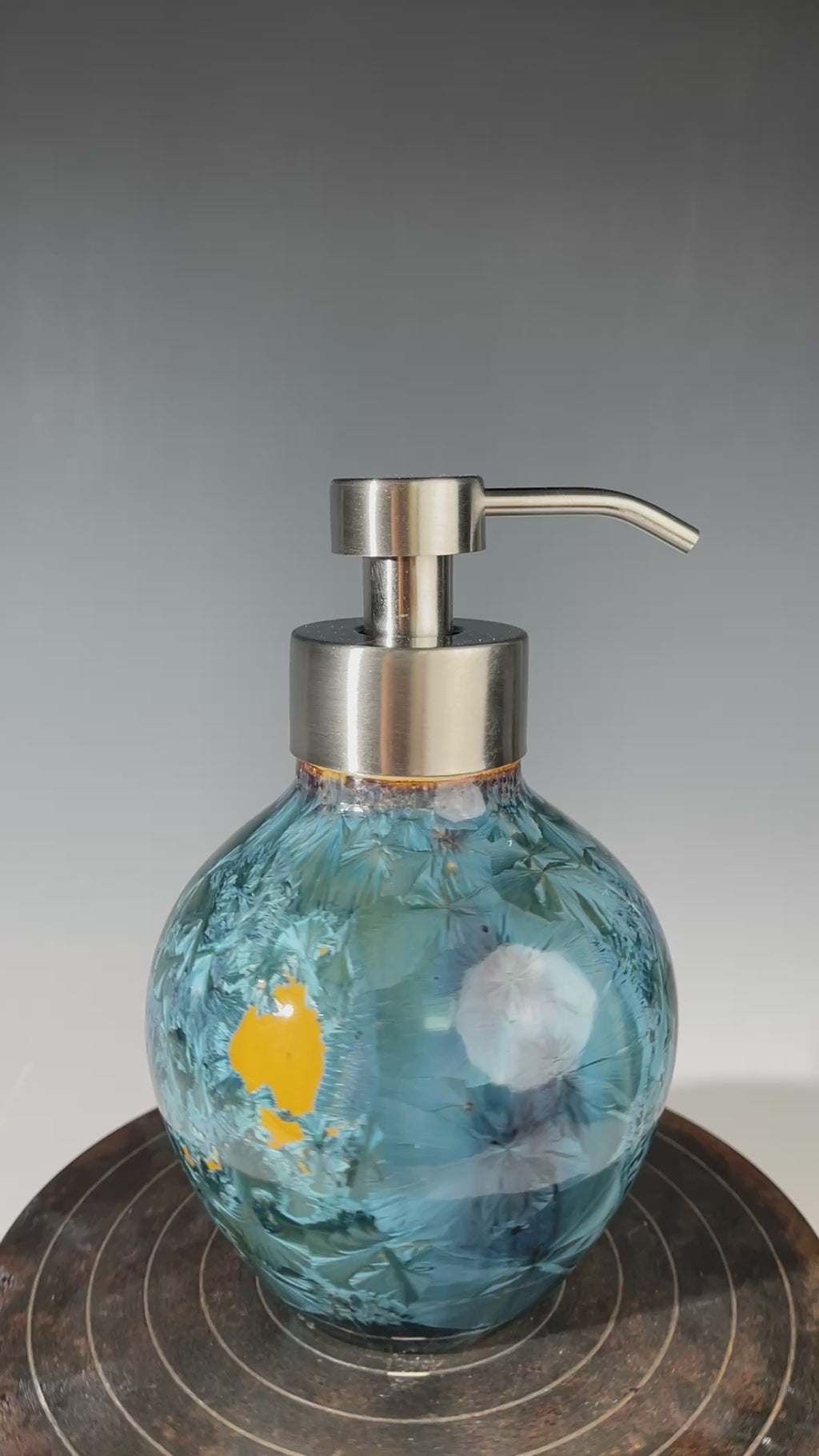 Foam Soap Pump, big Amber orange with blue crystalline glaze with stainless top