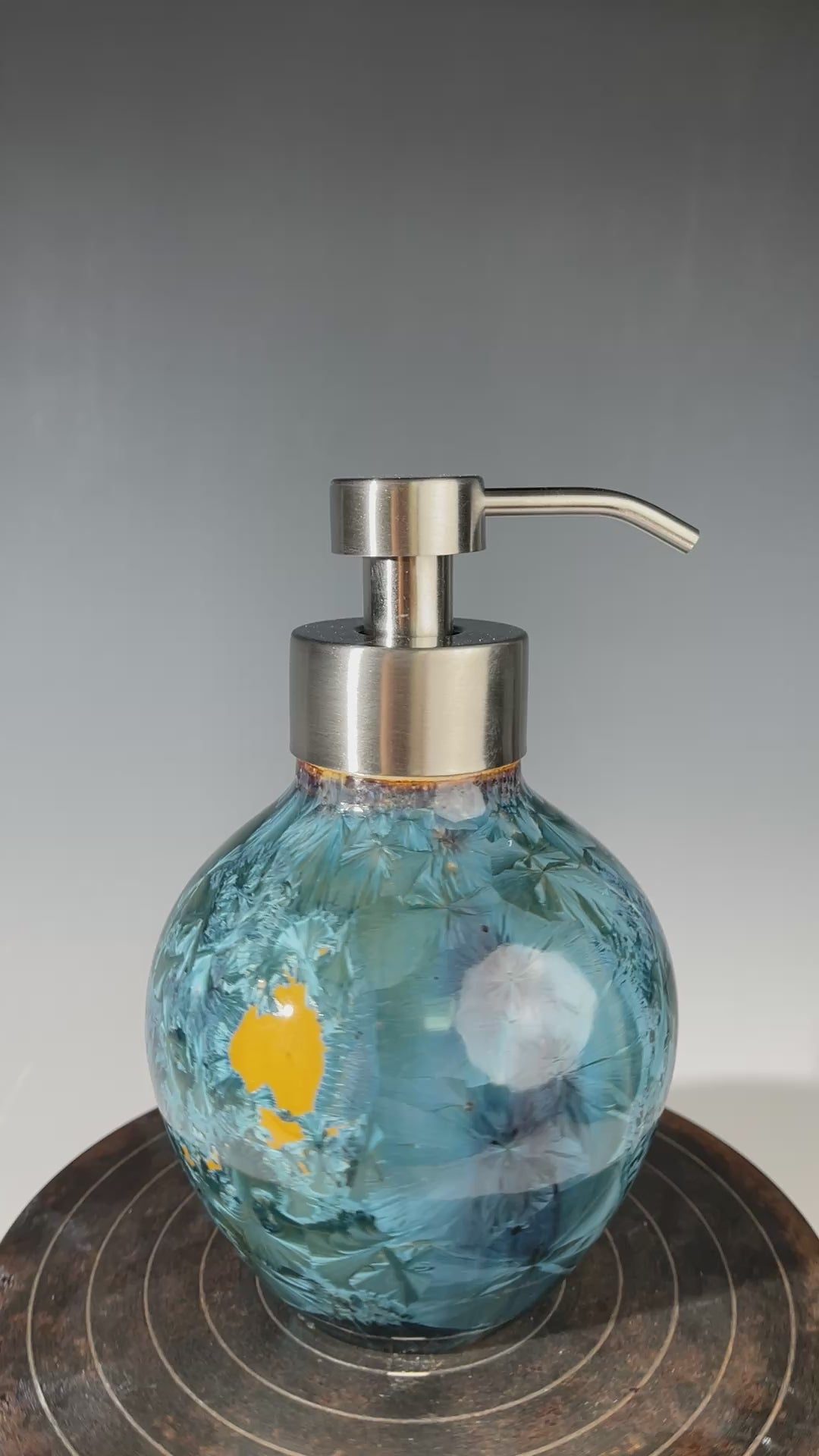 Foam Soap Pump, big Amber orange with blue crystalline glaze with stainless top