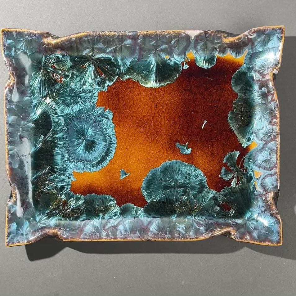 honey teal color macro crystalline glazed ceramic tray by Hong Rubinstein of One Dream DesignTM