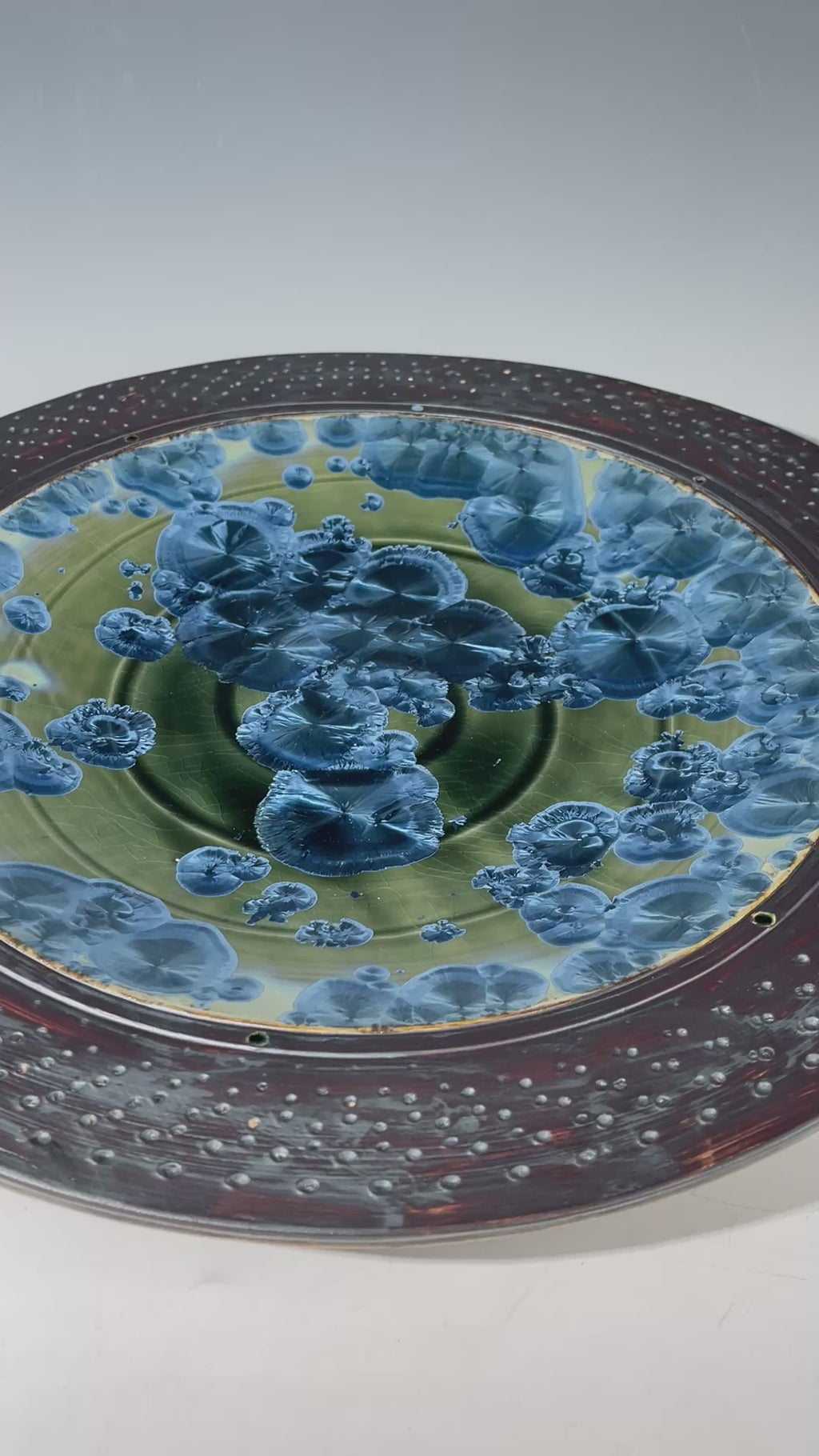 macro crystalline glazed hand made platter by Adam and hong Rubinstein olive to sparkling blue crystalline glazed