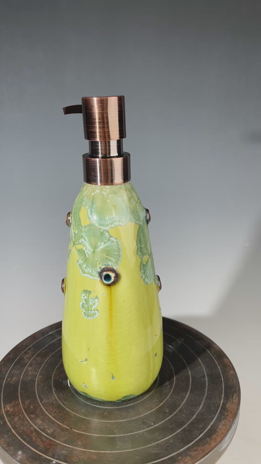 yellow green  macro crystal glazed handmade soap dispenser  mid century modern vibe