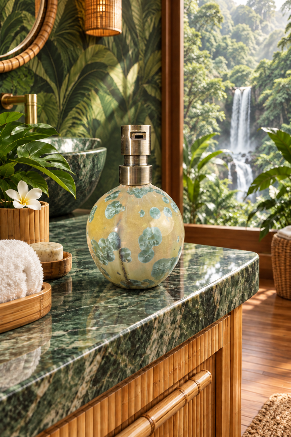  generated rendering of the  the handmade soap dispenser with amazing crystalline formations in the glaze in green hues, as imagined in a forest bathroom